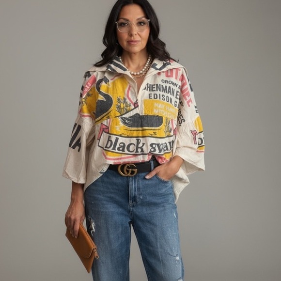 Vintage Sack Tops - Vintage Flour Sack Boho Top Black Swan